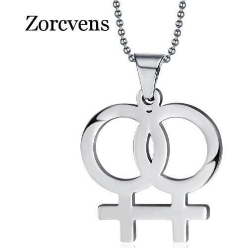 ZORCVENS Double Woman Lesbian Symbol Pendant Necklace in Silver-color 316L Stainless Steel Gay Pride Choker Collar Jewelry
