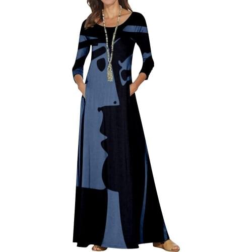 Maxi Dresses For Women Elegant Women O Neck Abstract Print Long Dresses Ladies Dresses Spring Autumn Plus Size A-Line Dress