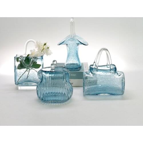 Handmade bubble glass transparent blue handbag bag vase flower basket home decor ornaments hydroponic flower marry gift CL72007