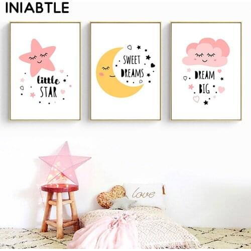 Pink Star Cloud Moon Nursery Wall Art Canvas Painting Dream Big Posters Prints Decoration Picture Nordic Kids Baby Bedroom Decor