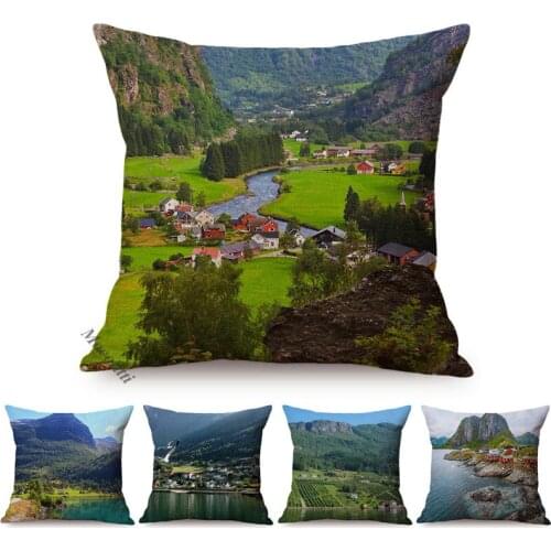 Nordic Natural Landscape Printing Pillow Case Beautiful Village Famous Scenery Photography Art Decorative Car Sofa Cushion Cover