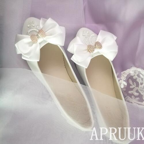 Satin butterfly-knot sweet flats wedding shoes bride white zapatos de novia lace bow bowtie ladies girls party proms dress shoe