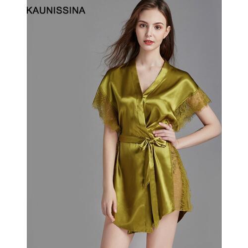 Women Summer Sexy Silk Robes Sexy Nightgown Women Summer Morning Gowns Loungewear Bath Robe Short Lace Satin Thin Sleepwear