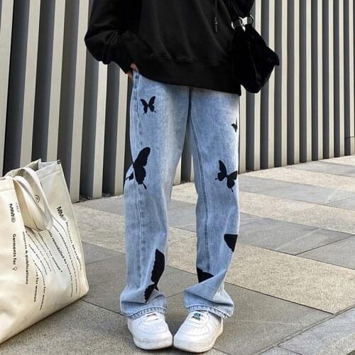 High Waist Women Blue Jeans 2021 New Y2k Harajuku Butterfly Printing Vintage Baggy Straight Long Pants Versatile Denim Trouser