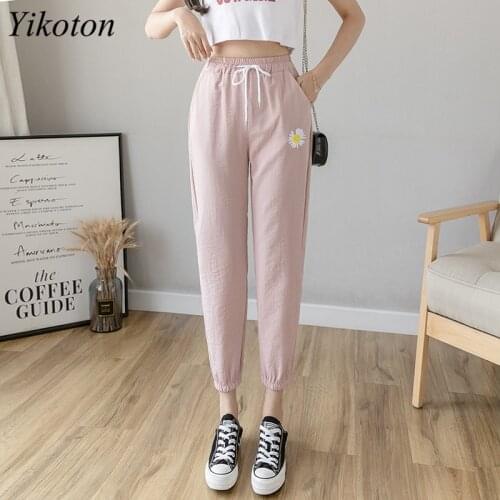 Flower Embroidery Drawstring Elastic Waist Womens Cropped Trousers Casual Summer Sweet Womens pants Harajuku Sweatpants Pants