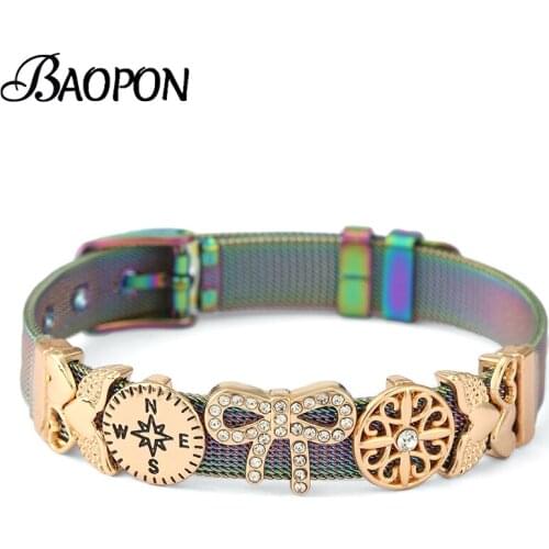 Mesh Bracelet Colorful Bowknot Feather Simple Heart Clip Charm Bracelets Bangles For Women Wife Stainless Steel Jewelry Gift