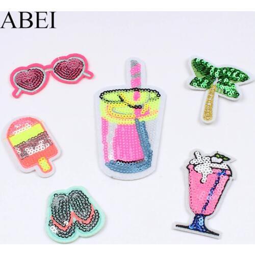 10pcs/lot New Sequined Coconut Tree Ice Cream Drinks Stickers DIY Sewing Garments Fabric Appliques Iron On Jeans Bags Patches