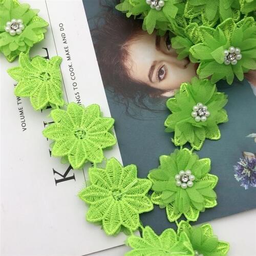 14yards 4.5cm wide Organza Butterfly Applique Green color Beaded Lace Trim for Headbands Bridal Belt