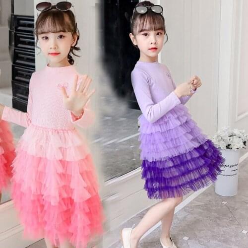 Kids Dresses for Girls Autumn Dress Teenage Girls Princess Dress Long Sleeve Pink Gradient Color Children Costume 10 12 Year