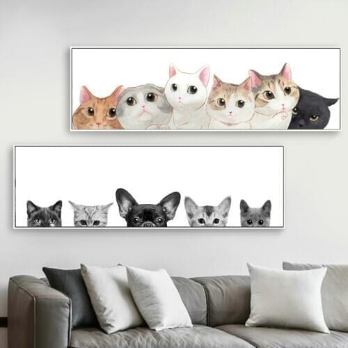 Canvas Art Paintings Animal Lovely Cat Dog Art Picture Posters Prints Long Banner Wall Art Kawaii Kitten Decoracion Salon Art