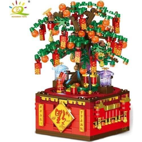 HUIQIBAO 566Pcs Chinese Traditions Blessing Orange Tree Rotating Music Box Building Blocks Technical Brick Set Toys for Children