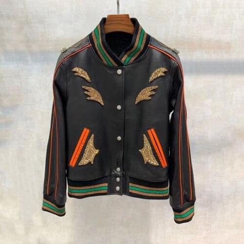 Sheepskin Real Import Coat Spring Women New Arrival Baseball Uniform Short Length Jacket Heavy Set Auger Wing Decoration