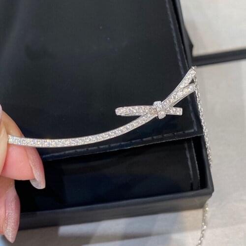 Exquisite Light Luxury Women Silver Color Necklace Elegant Bow Shining AAA Zircon Clavicle Sweater Chain for Women Party Jewelry