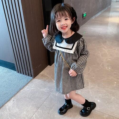 Korean Baby Girls Cotton Plaid Dress with Sailor Collar Spring Autumn Grid Doll Princss Dress Kids Fashion Clothes Knee-Length