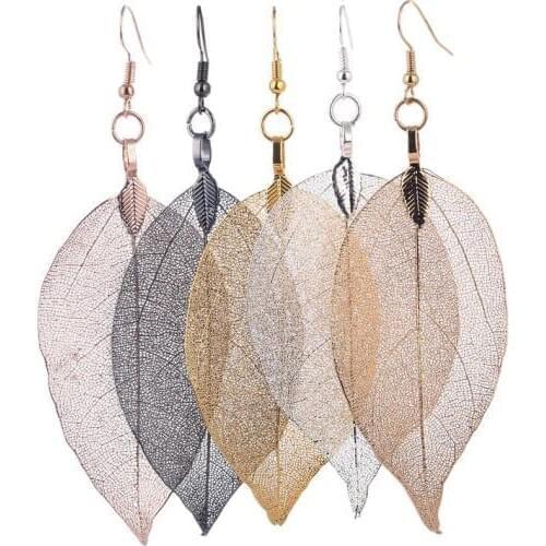 LOVBEAFAS 2021 Fashion Wedding Long Earrings Filigree Dipped Unique Natural Real Leaf Earings for Women Fine Jewelry Party Gifts