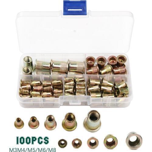 100PCS Carbon Steel/Aluminum Rivet Nuts M3 M4 M5 M6 M8 Flat Head Rivet Nuts Set Insert Rivets Multi Size