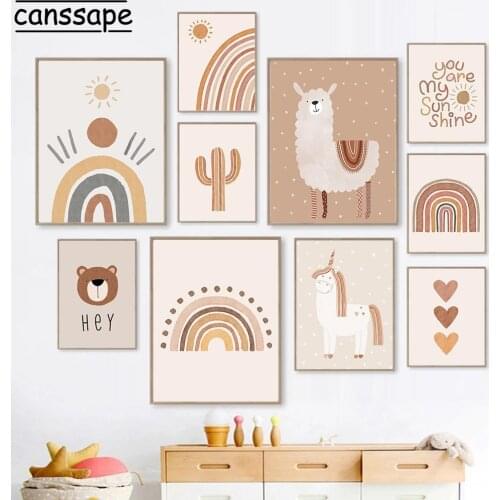 Nursery Wall Art Poster Unicorn Alpaca Prints Cactus Posters Heart Print Sun Rainbow Painting Boho Wall Pictures Baby Room Decor