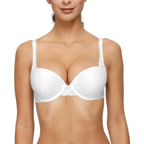 New Women Lace Bras White Sexy Brassiere Plunge Lingerie Underwire Bra Super Push Up Bh for Dress Big Cup A B C D DD E