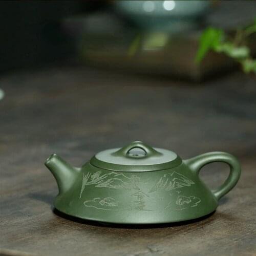 125cc Yixing Purple Clay Pot Green Clay Flat Stone Scoop Handmade Teapot Household Tea Set Ceramic Pot Flower Teapot CL41307