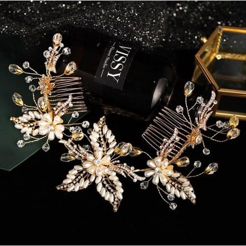 Luxury Gold Headpiece Hand Made Bridal Tiara Two Hair Combs Wedding Hair Jewelry Crystal Headbands Long Elegant Hair Clips