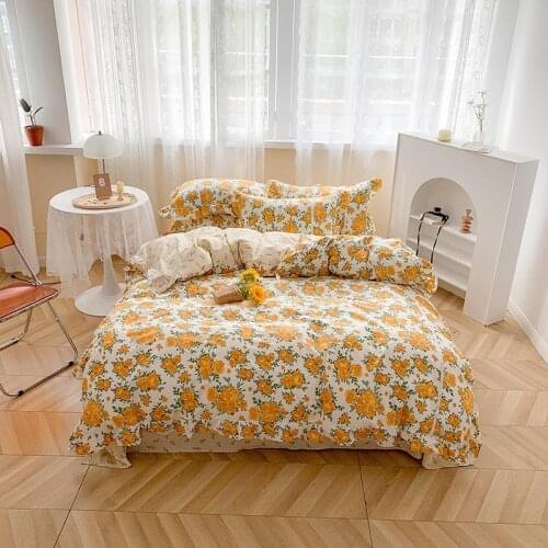 Pink Purple Yellow Spring Floral 100%Cotton Girls Bedding Set Ultra Soft Duvet Cover Bed sheet 2Pillow Shams Twin Queen King