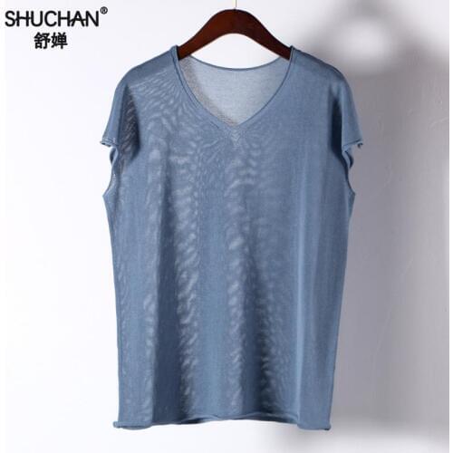 Shuchan Summer Knitted Linen Loose Women Sweaters And Pullovers With Short Sleeve V-neck Casual Fashion High Quality Tops