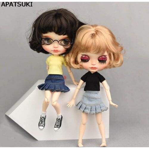 Blue Jeans A-line Skirt For Blythe Dolls T-shirt Tops Short Sleeve Casual For Blythe Licca Doll Clothes 1/6 Doll Accessories Kid