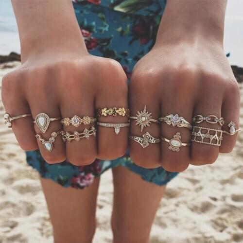 Tocona Vintage Gold Star Midi Flowers Boho Rings Set for Women Opal Crystal Finger Rings Female Bohemian Ethnic Jewelry 8867