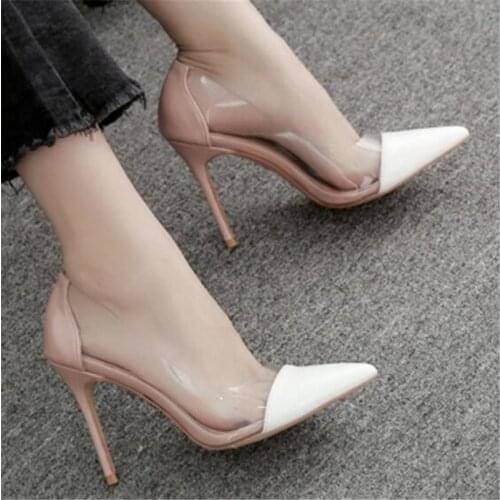 Women sandals PU Slip On 11cm Thin Heels High heels Pointed Toe Shallow Cover Heel women shoes sandalias mujer 2020 size 35-42