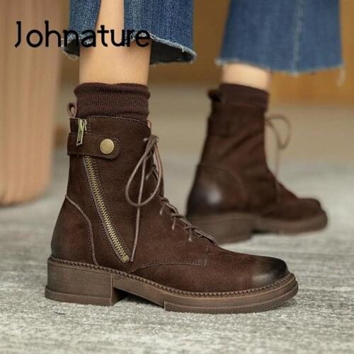 Johnature Genuine Leather 2021 New Women Boots Ankle Shoes Winter Zip Round Toe Lace-Up Handmade Concise Leisure Platform Boots