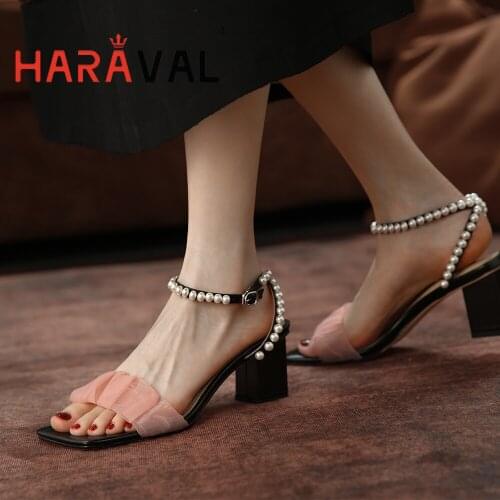 HARAVAL Women Sandals Shoes Elegant Fashion Genuien Leather Casual Buckle Strap High Heels String Bead Patchwork Classics B72
