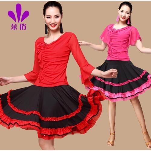 Lady Square Suit 2pcs One Set Women Rumba Samba Dancing Shirt Skirt Female Dance Suit Skirt Long Sleeve Slim Promotion B-4289