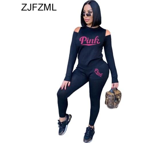 PINK Letter Embroidery Casual Two Piece Sets Women Tracksuit Off Shoulder Long Sleeve Tshirts and Workout Sweatpant Club Outfit