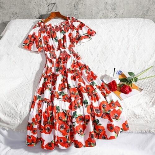 New 2019 Runway Designer Flower Summer Dress Womens Cold Cut Out Shoulder Slash Neck Red Rose Floral Print Sundress Party Dress