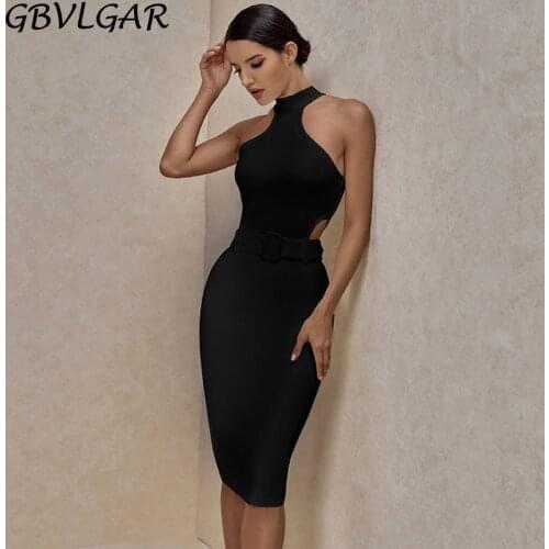 2021 Summer New Arrival Women Sexy Midi Bandage Dress Sleeveless Hollow Out Dresses Bodycon Club Celebrity Evening Party Dress