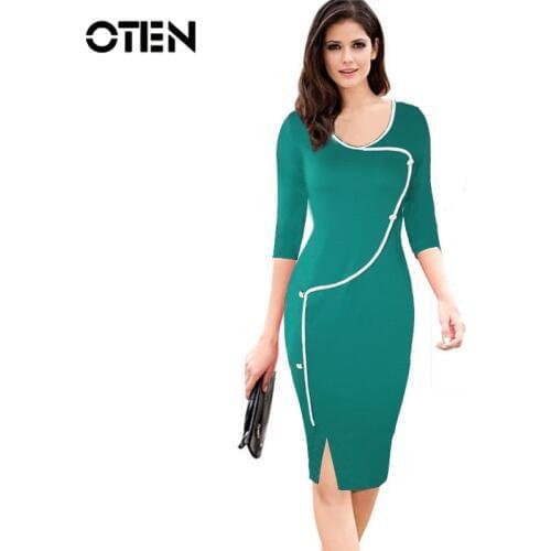 OTEN Woman dress Victoria Beckham Fall Button 3/4 sleeve O Neck Knee Length slit Formal Business Office wear work vestido mulher