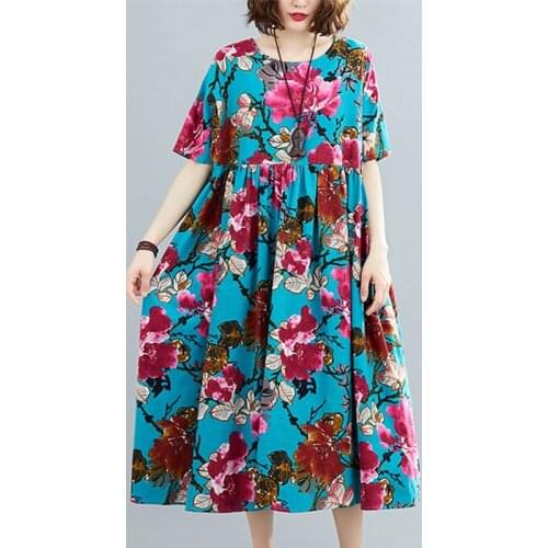 Uego Short Sleeve Loose Summer Dress Cotton Linen Print Floral Vintage Dress Plus Size 5XL 6XL Women Holiday Casual Long Dress