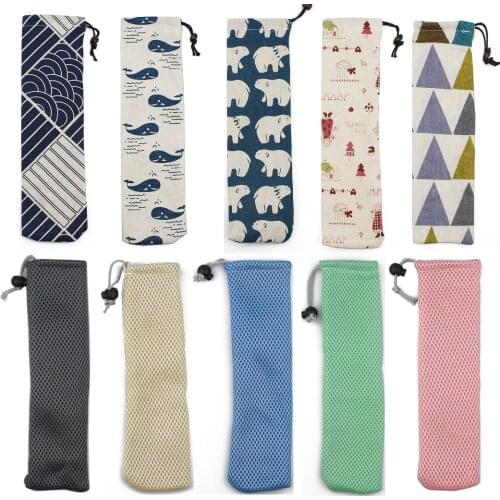 10 Pcs Portable Cotton Linen Straw Storage Pouch Bags Straw Carrying Case for Stainless Steel Drinking Straws Cutlery Fork Spoon