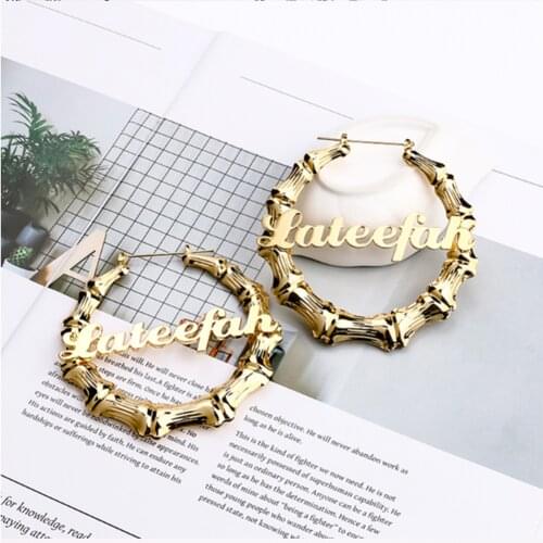 2021 Custom Bamboo Hoop Earrings Customize Name Earrings Stainless Steel Bamboo Style Hoop Earring With Statement Words Number