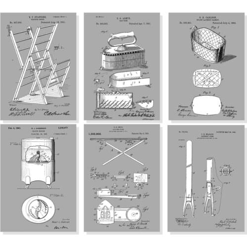 6 in 1 vintage patent art prints on laundry washing machine basket wall decor unframed