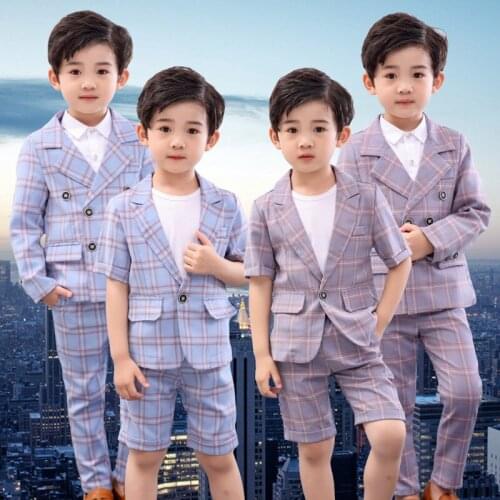 Flower Boys Plaid Clothing Set England Kids Formal Wedding Suit Gentleman Children School Performance Graduation Dress