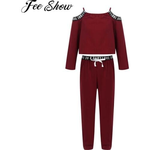 Children Clothes Girls Casual Letter Printed Outfits Open Shoulder Long Sleeve T-shirt Crop Tops Pants Trousers Kids Tracksuit