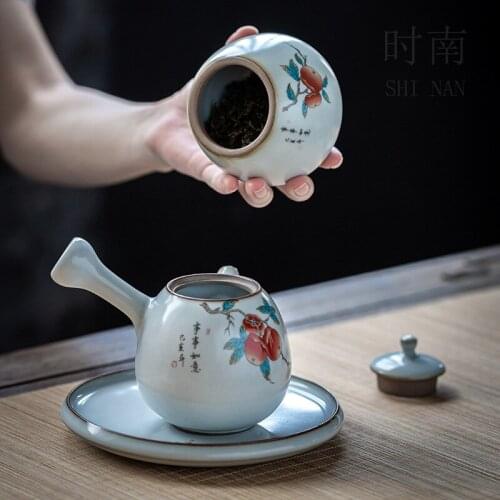 Chinese ceramic side handle pot single pot small retro ru kiln household tea making tea set one person teapot