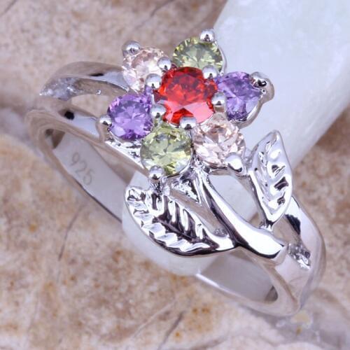 Marvelous Multicolor Purple Cubic Zirconia Silver Plated Flower Ring Size 6 / 7 / 8 / 9 R0149