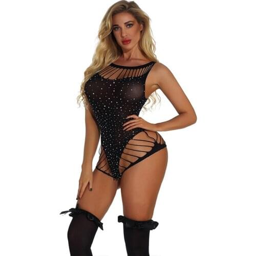 Sexy Women Sleeveless Fishnet Rhinestone Bodysuit Leotard Tops Hollow Out Sheer See Through Black Mesh Club Lingerie Bodycon