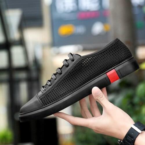 Mens Hollow Out Boat Shoes Breathable Split Leather Big Size Flat Casual Shoes Mesh Sneaker Walking Shoes Driving Shoes