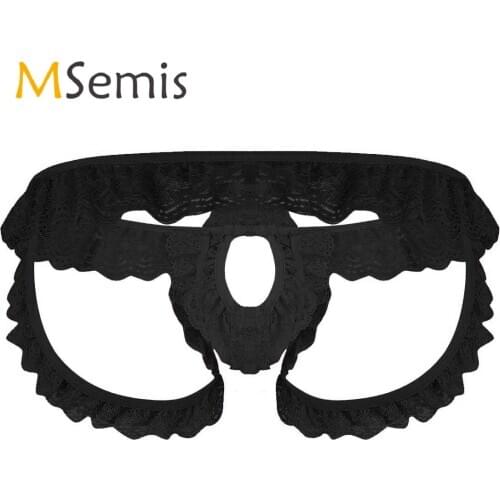 Mens Lingerie Open Crotch Underwear Lacy Trimming Frilly Sissy Panties Crotchless Open Back Briefs Panties with Open Hole
