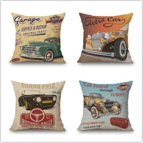 Cotton and linen pillow cover antique car design pillow retro car decoration case home cushion cotton sofa