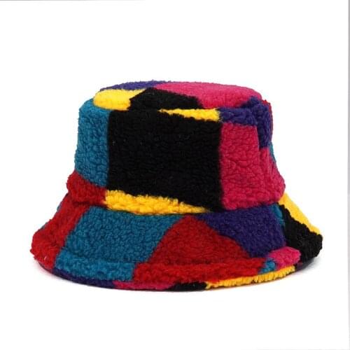 New Autumn and Winter Geometric Color atching Cashmere Thickened Warm Fisherman Hat Unisex Foldable Fashion Panama Bucket hat
