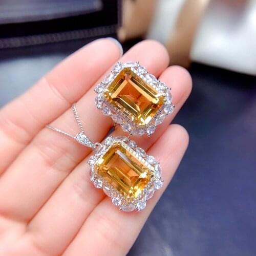 QTT New Arrival Simple Rectangle Yellow Cubic Zirconia Pendant Necklace Rings Set 2021 Trend Wedding Jewelry Sets